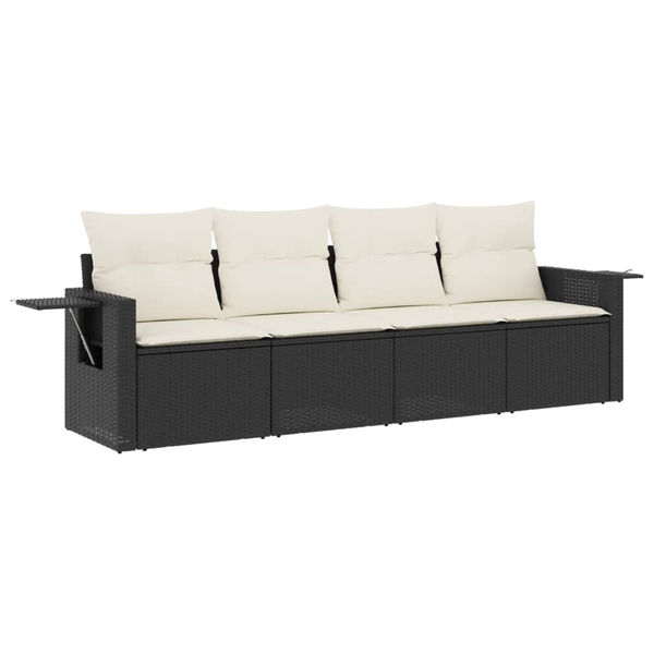 Set mobilier de grădină cu perne, 4 piese, negru, poliratan