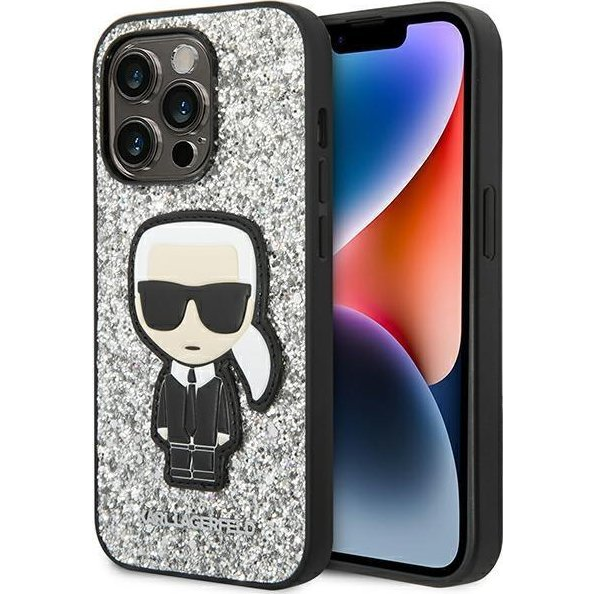 Karl Lagerfeld Glitter Flakes Ikonik Apple iPhone 14 Pro Max hátlap tok, ezüst (KLD1148)