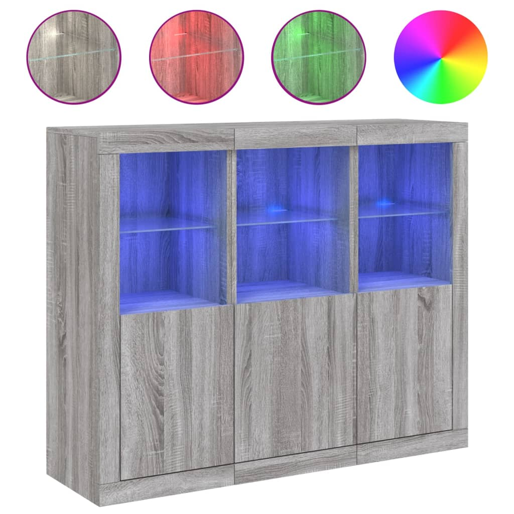 3 db szürke sonoma színű szerelt fa tálalószekrény LED-ekkel (3209105)