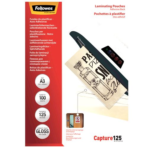 Fellowes A3 fényes laminálófólia, 125 mikron, öntapadó hátlappal, 100db (5329001) (Fellowes5329001)
