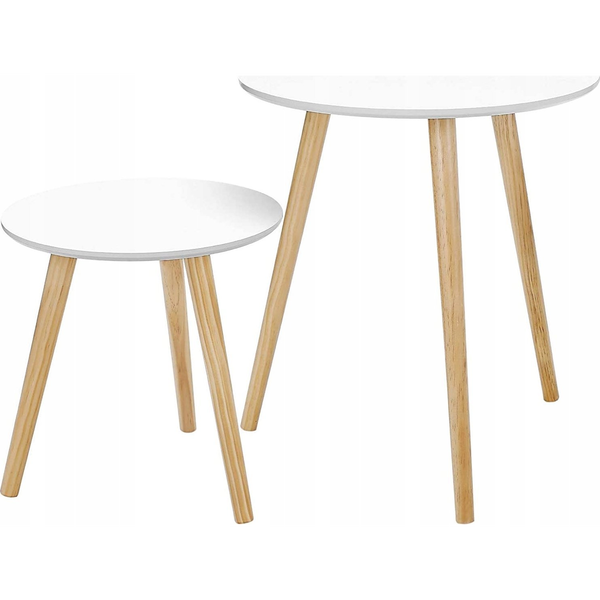 Set De 2 Mesas Auxiliares Redondas De Estilo Nórdico, Patas De Madera De Pino, Perfectas Para Salón, Color Blanco Y Natural