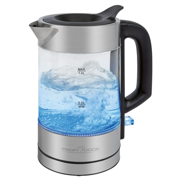 Glas-Wasserkocher PC-WKS 1229 G (edelstahl/schwarz, 1 Liter)