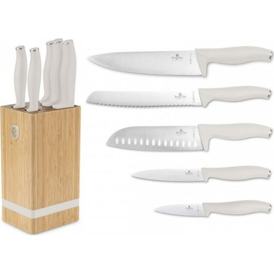 BerlingerHaus BH/2973 Sahara Collection 6 Részes Késkészlet - Bambusz Állvánnyal, Rozsdamentes Acél, Matt Krém (BH-2973)