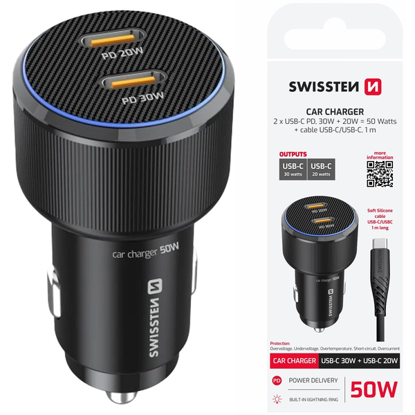 Cargador De Coche 2x Usb-c Entrega De Energía De 20w Y 30w Con Cable Usb-c
