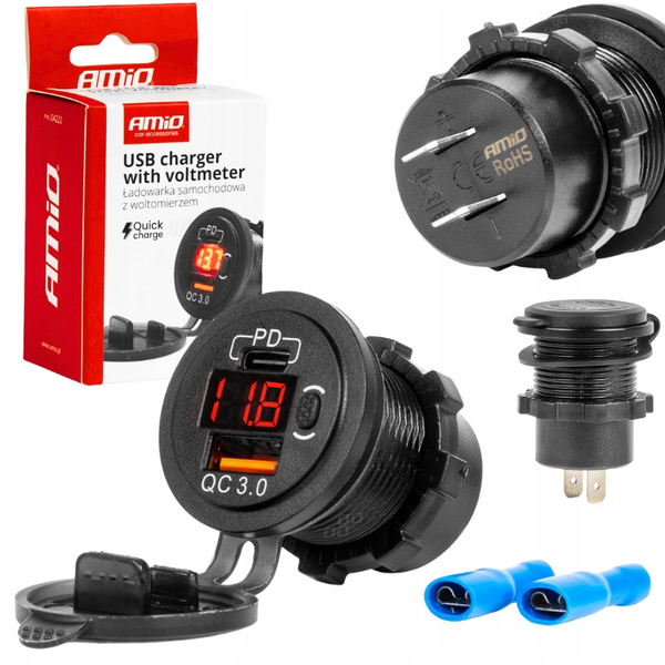 AMiO , Usb és Usb-C Aljzat Voltmérővel, Beépíthető, Vízálló, 12/24V (0504222)