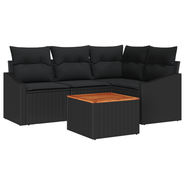 Set de 5 Piese de Sofa pentru Grădină cu Pernă Neagră din Ratan Polimer Acacia