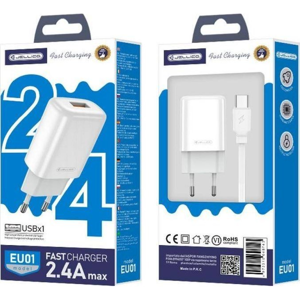 Incarcator De Retea, Jellico, Eu01, 2.4A Usb + Cablu Usb - Usb-C, Alb