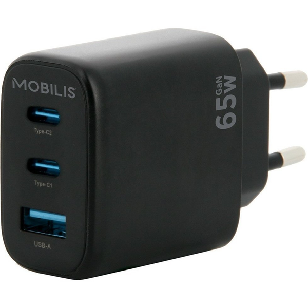 MOBILIS Fast Wall Charger GaN - 65W - 2 USB-C + USB-A for Laptop Tablet & Smartphone fekete