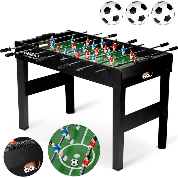 Csocsóasztal, Neo-Sport NS-805, zöld/fekete, 115 x 60 x 78 cm, állítható lábak, 22 játékos, 3 labda, 8 krómozott rúd, csúszásgátló fogantyúk, kézi számláló