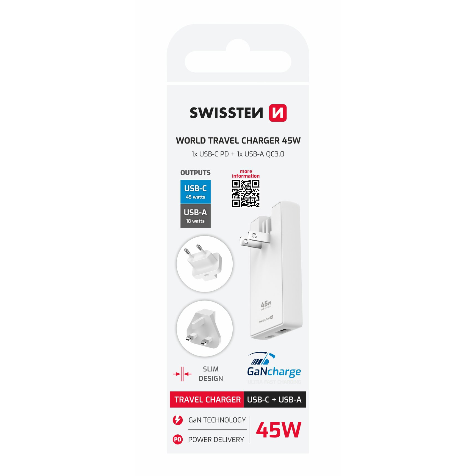 Swissten Utazó adapter, GaN, USB-C + USB-A, 45 W, cserélhető dugók (US, EU, UK), fehér (22071320)