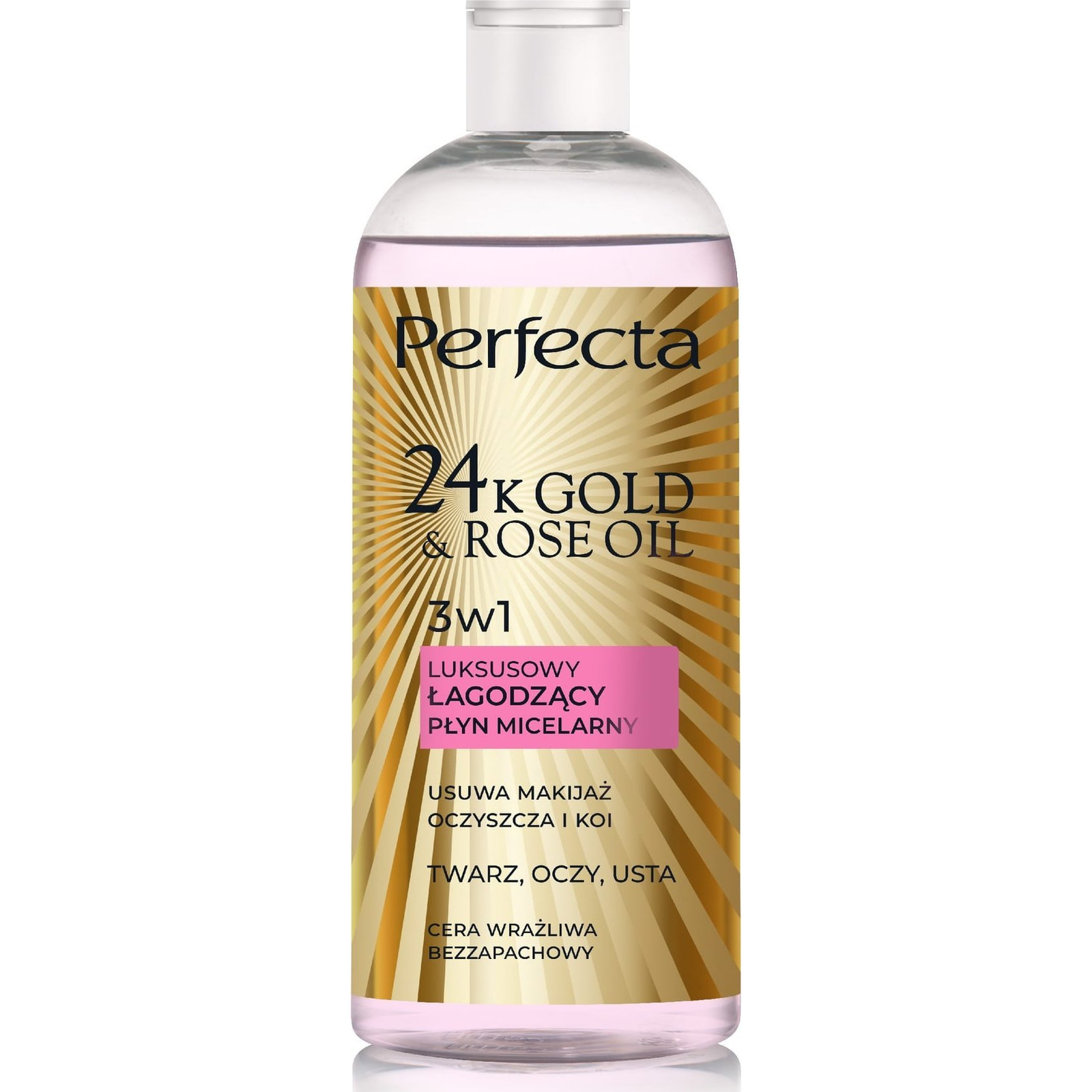 Perfecta 24K Gold & Rose Oil Luksusowy łagodzący płyn micelarny do cery wrażliwej 400ml