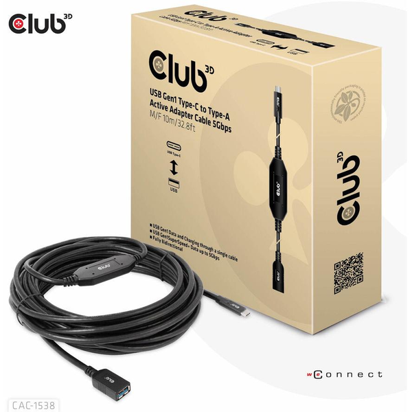 CLUB3D CAC-1538 USB-kabel USB 3.2 Gen 1 (3.1 Gen 1) 10 m USB C USB A Sort