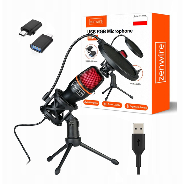 Zenwire ME4 USB kondenzatorski mikrofon z RGB, USB-C/USB-A, namizno stojalo in pop filter za PC gaming in streaming