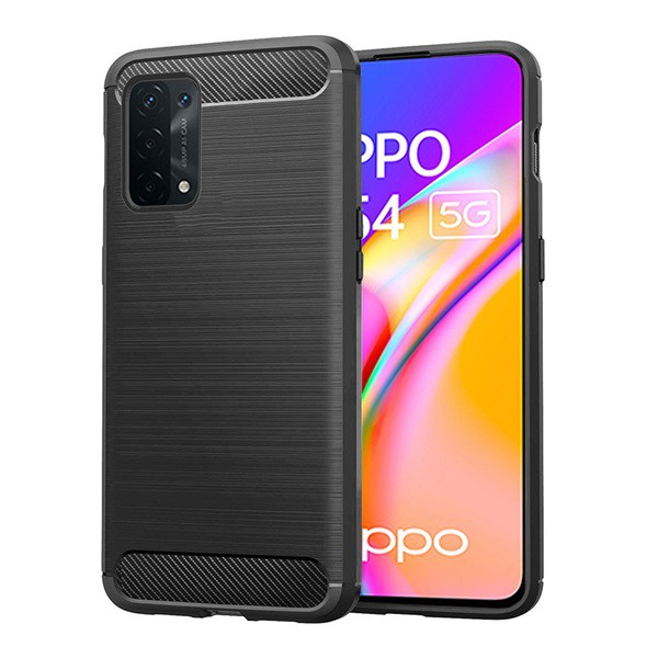 Szilikon telefonvédő (közepesen ütésálló, légpárnás sarok, szálcsiszolt, karbon minta) FEKETE [Oppo A74 5G] (5996591206066)