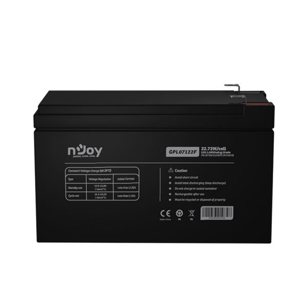 NJOY Продължителна батерия - GPL07122F (12V/7Ah, дълъг живот, T2/F2, запечатана, без поддръжка, AGM)