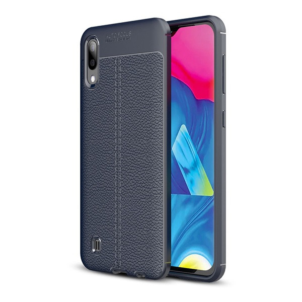 Samsung Galaxy M10 SM-M105F, TPU szilikon tok, bőrhatású, varrásminta, sötétkék
