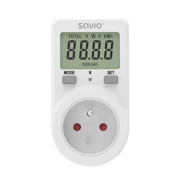 Wattmeter SAVIO LCD AE-02 dugalj fogyasztásmérővel - Fehér