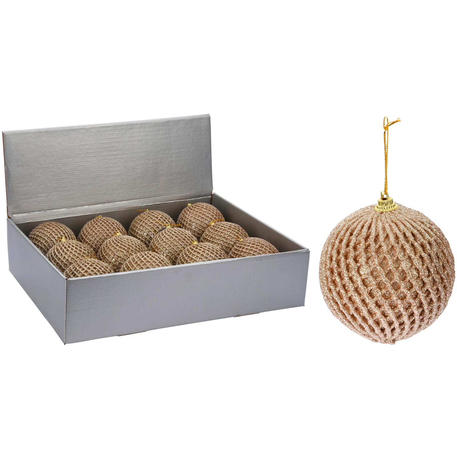 LAALU díszkészlet: champagne hálós díszek 10 cm, 12 db (LAU-2009)