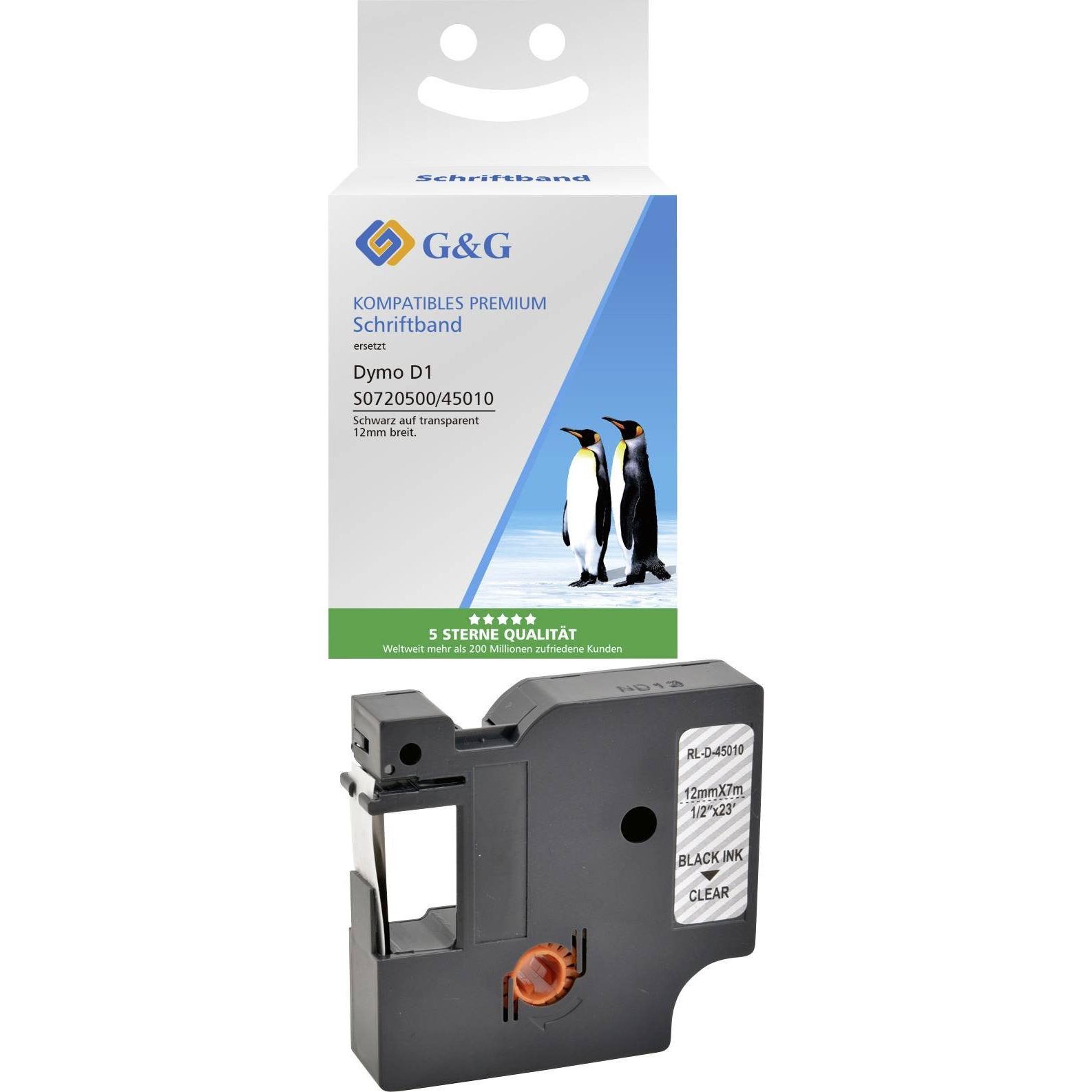 G&G D1 Feliratozó szalag Szalagszín: Átlátszó Szövegszín: Fekete 12 mm 7 m (RL-D-45010P-BK/CL-12MM7M)