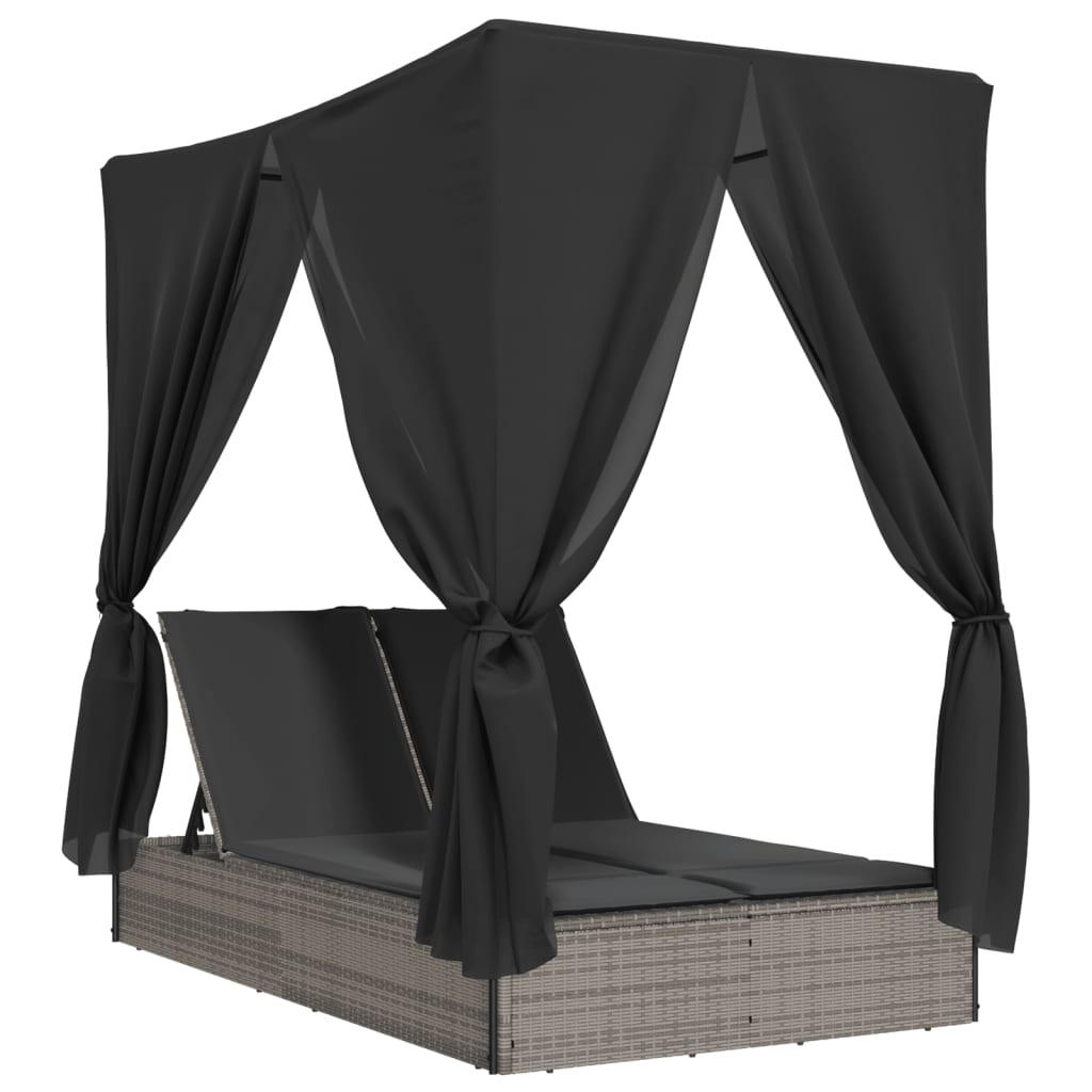 szürke polyrattan dupla napozóágy tetővel és függönyökkel (368074)