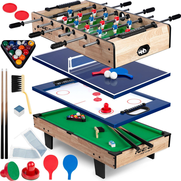 Multifunkciós játékasztal, Neo-Sport NS-800, 4 az 1-ben, 80 × 43 × 30 cm, csocsó, pingpong, léghoki és biliárd, teljes kiegészítőkkel