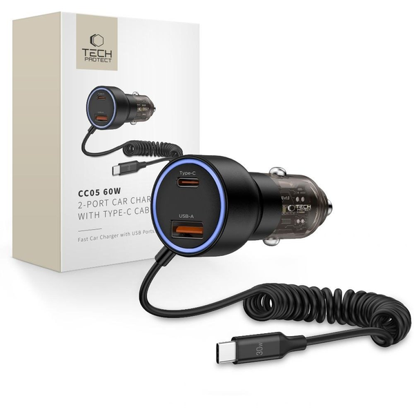 Automobilová Tech-Protect CC05 USB-C USB-A 60W + pružinový kabel