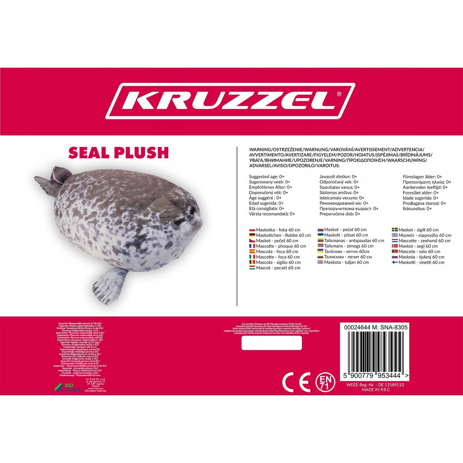 KRUZZEL Fókás plüsspárna, 50 cm, szürke (5900779953444)