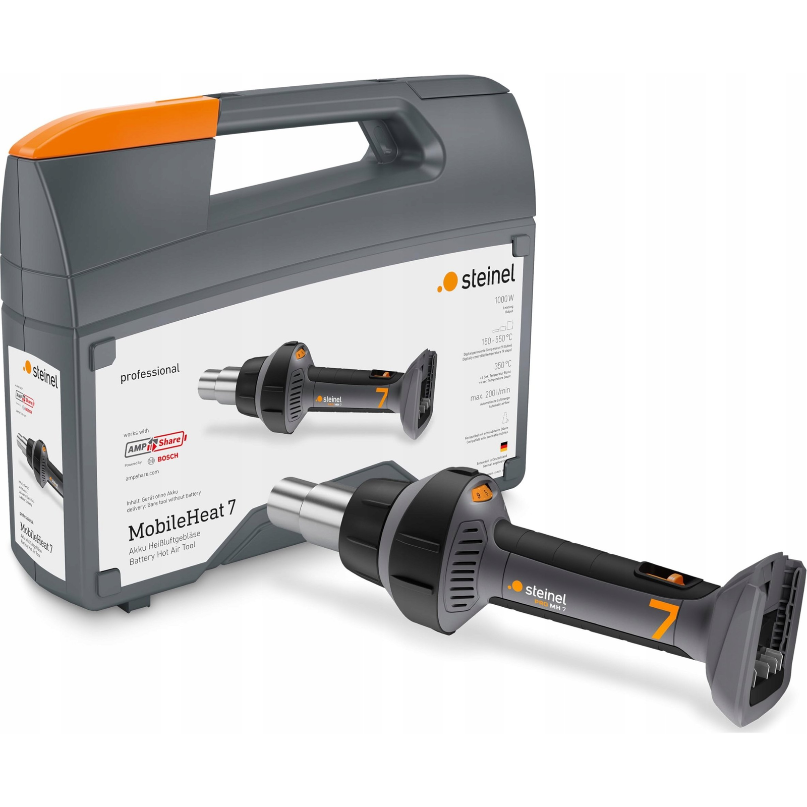 Steinel 085926 HEISSLUFTGEBLAESE AKKU MH 7 KF Akkus hőlégfúvó akku nélkül, töltő nélkül, Hordtáskával 1000 W (ST085926)