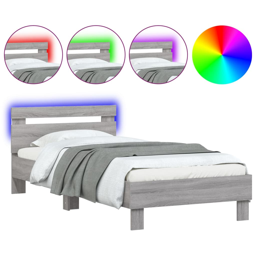 szürke sonoma színű ágykeret fejtámlával és LED-ekkel 90x200 cm (838720)