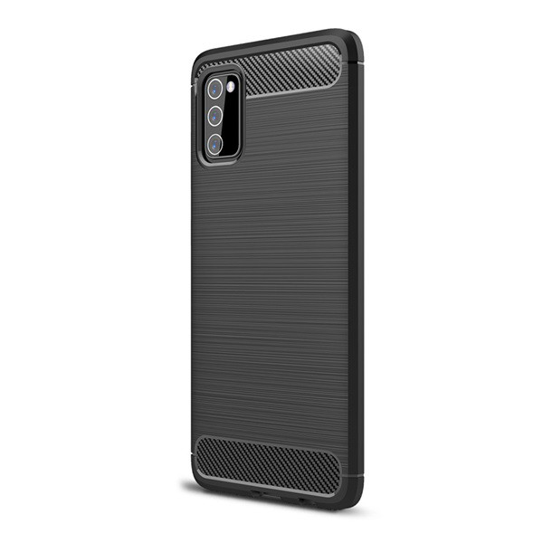 Szilikon telefonvédő (közepesen ütésálló, légpárnás sarok, szálcsiszolt, karbon minta) FEKETE [Samsung Galaxy A03s (SM-A037F)] (5996591109114)