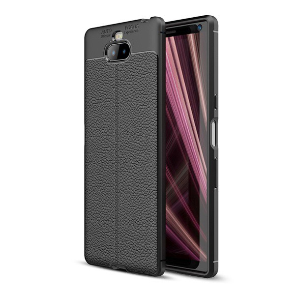 Szilikon telefonvédő (közepesen ütésálló, bőr hatású, varrás minta) FEKETE [Sony Xperia 10 (L4113)] (5996457833870)