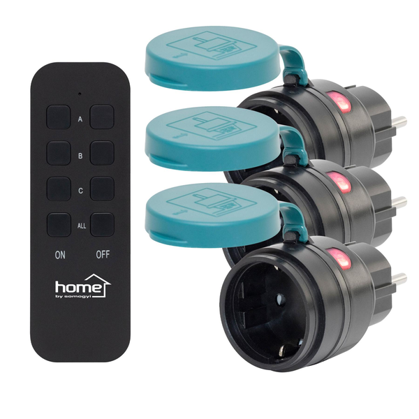 Home távirányítható kültéri hálózati aljzat szett, IP44, 2300 W, 3 aljzat +1 távirányító, 40m hatótáv (THO2313)