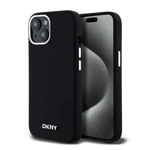 DKNY Liquid Silicone Silver Metal Logo Magsafe iPhone 15 hátlap tok, fekete (S95353)