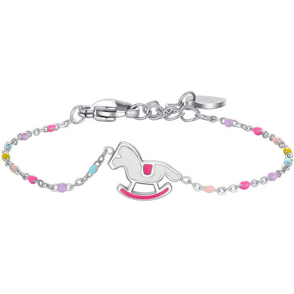 Steel bracelet, plate and rocking horse with pink and fuchsia enamel