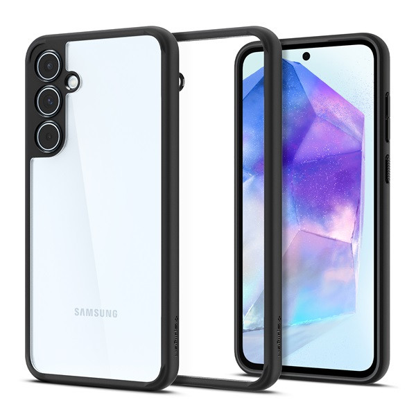 Samsung Galaxy A55 5G SM-A556B, Műanyag hátlap védőtok + szilikon keret, Spigen Ultra Hybrid, átlátszó/fekete