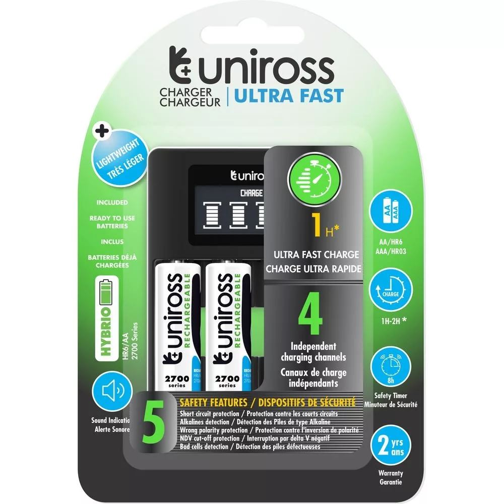 Uniross ULTRA processzoros AA/AAA gyorstöltő 4db 2700mAh AA akkumulátorral (UCU005A) (UCU005A)