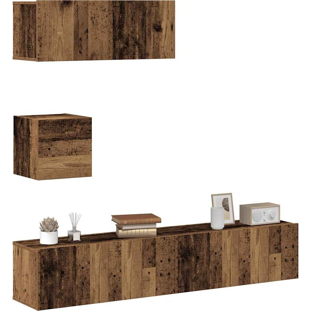 4 részes antik fa színű szerelt fa fali TV-szekrényszett (3329155)