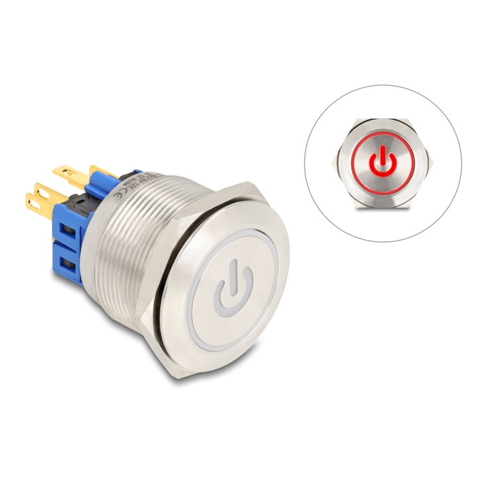 Delock Nyomógomb beszereléshez 25 mm 6 x forrasztási csatlakozó LED piros bekapcsolási szimbólummal + gyűrű (20987)