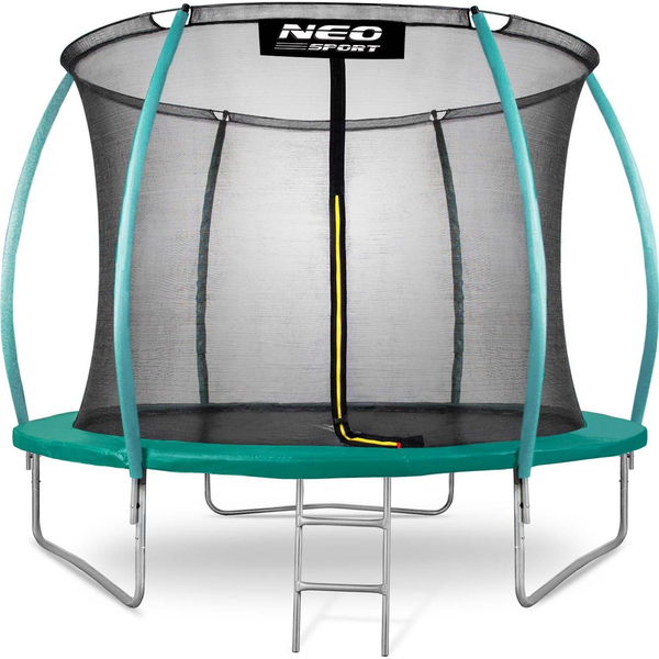 Kerti trambulin, Neo-Sport, fekete/zöld, átmérő: 252 cm, kerek, magasság: 55 cm, 180 cm belső védőháló, létra, acél váz, 3 dupla láb, 100 kg teherbírás, 42 db rugó, íves zöld oszlopok