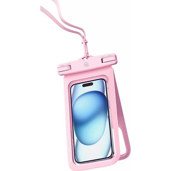 Usams vízhatlan/vízálló tok, AQUA (univerzális, IP68, nyakba akasztható, kétrekeszes kialakítás, 7" méret) RÓZSASZÍN (FSD1403)