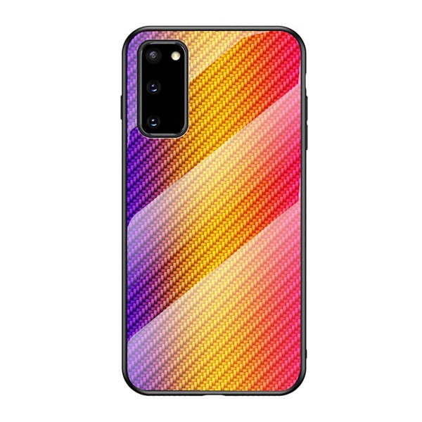 Telefonvédő szilikon keret (BUMPER, edzett üveg hátlap, karbon minta) SÁRGA [Samsung Galaxy S20 5G (SM-G981U)] (5996457960569)