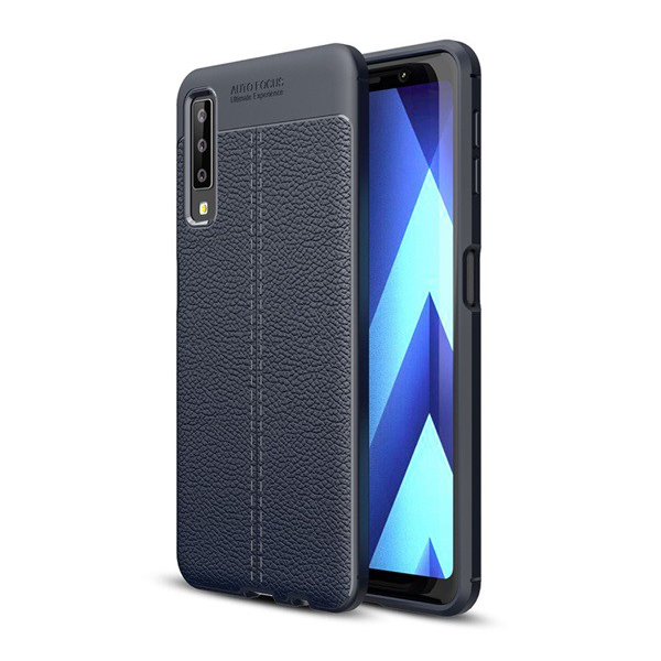 Szilikon telefonvédő (közepesen ütésálló, bőr hatású, varrás minta) SÖTÉTKÉK [Samsung Galaxy A7 (2018) SM-A750F] (5996457826087)