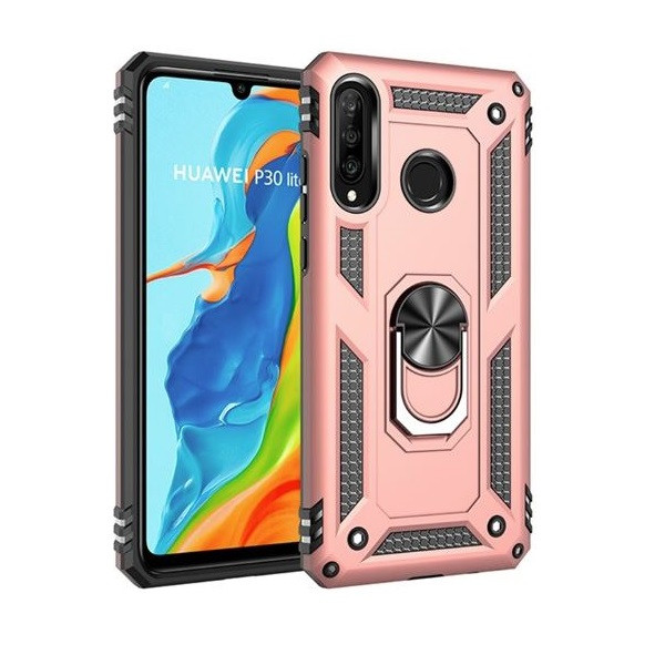 Samsung Galaxy A2 Core SM-A260F, Пластмасов заден капак, средна устойчивост на удар, силиконова вътрешна част, пръстен за държач за телефон, Defender, червено злато (85975)