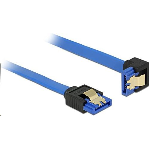 Delock 85089 SATA-kábel 6 Gb/s egyenes -> lefelé ívelt, fém rögzítő, kék, 20cm (85089)