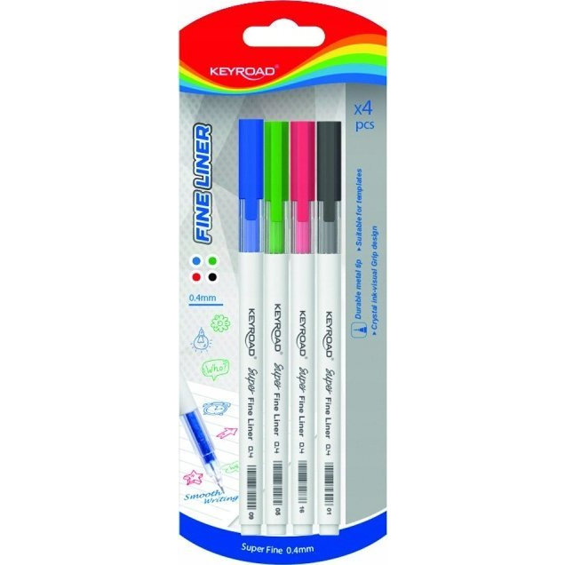 Keyroad Fine Liner Tűfilc, Rostirón Készlet - 0.4 mm, 4 db/ doboz, 4 Színben (KR972461)