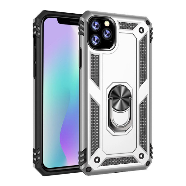 Defender műanyag telefonvédő (közepesen ütésálló, szilikon belső, telefontartó gyűrű, beépített fémlemez) EZÜST [Apple iPhone 11 Pro Max] (5996457900626)