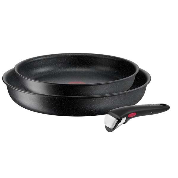 Комплект от 3 части Tefal Ingenio Black Stone, тиган 24/28 см, подвижна дръжка, незалепващо покритие, индикатор Thermo-Signal, черен