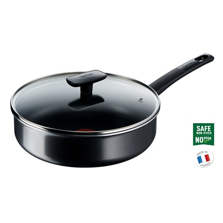 Тиган Tefal Simplicity+ със стъклен капак, Незалепващо покритие, Индикатор Thermo-Signal, Ергономична дръжка, 24 см, Черен