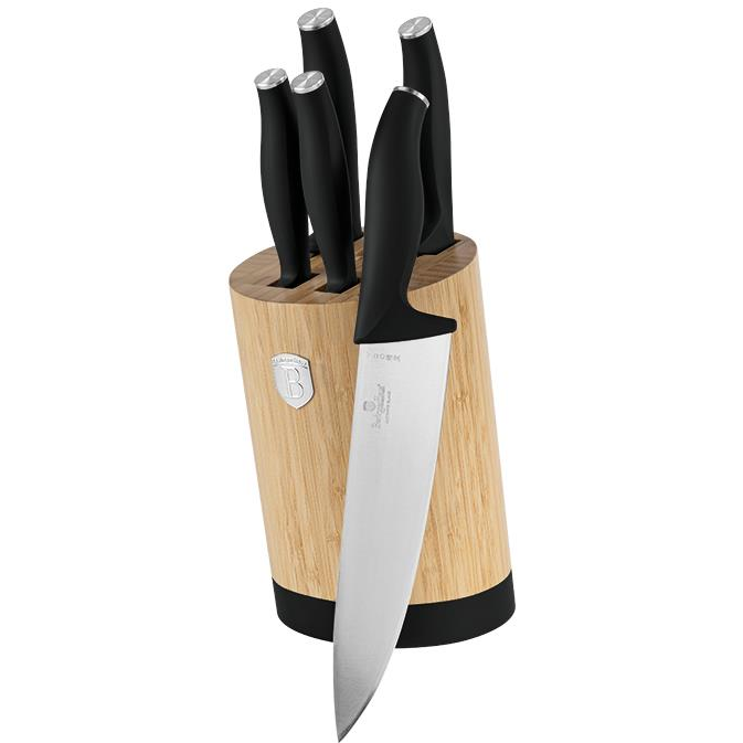 BerlingerHaus Matte Black Collection BAMBOO Késkészlet kerek tartóval, 6 db (5999108484087)