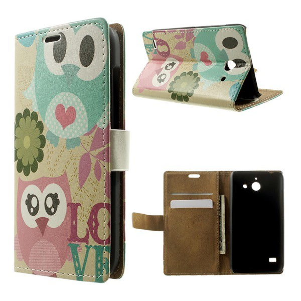 Tok álló, bőr hatású (FLIP, oldalra nyíló, asztali tartó funkció, színes bagoly minta) BÉZS [Huawei Ascend Y550] (5996457518463)